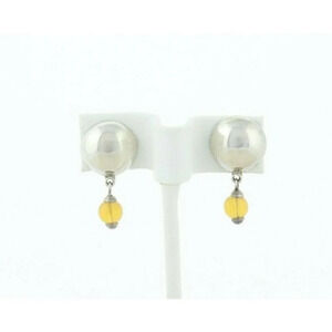 Sterling Silver Button Earrings with Yellow Glass Bead Dangle Drop Earrings